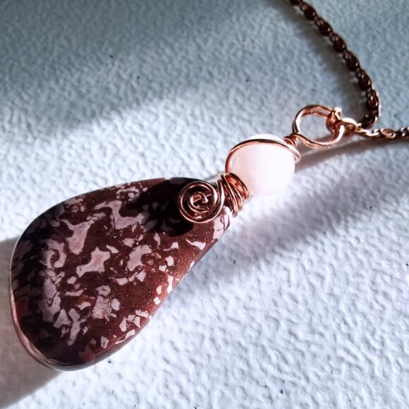 Sensual!!! Dark Brown Stone w. Pink Speckles + Rose Quartz Pendant Necklace - Picture 12 of 14